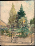 Aquarelle représentant un parc fleuri et boisé