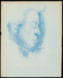 Profil d’une femme au crayon bleu et au revers une esquisse d’un chat allongé