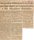 Une plaque apposée sur la maison du maître – Ouest France 1948